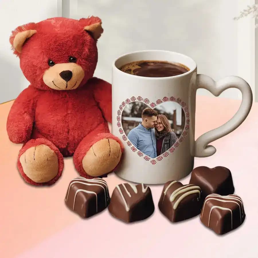 Wonderful Personalized Photo Mug with Heart Chocolate N Cute Teddy