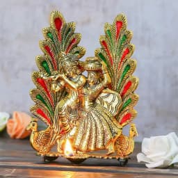 Decorative Peacock Design Radha Krishna Statue with Diya 1