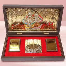 Marvelous Gift of Gold Plated Radha Krishna Idol with Charan Paduka 1