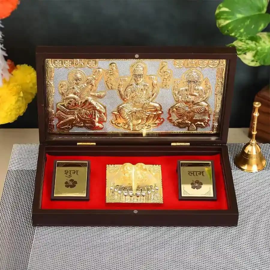 Wonderful Gold Plated Deity Photos with Shubh Labh n Charan Paduka