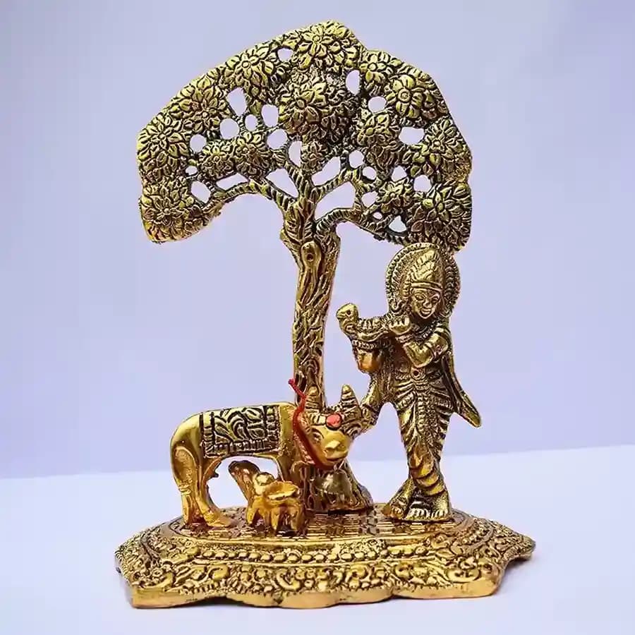 Antique Krishna Idol with Kamdhenu Cow
