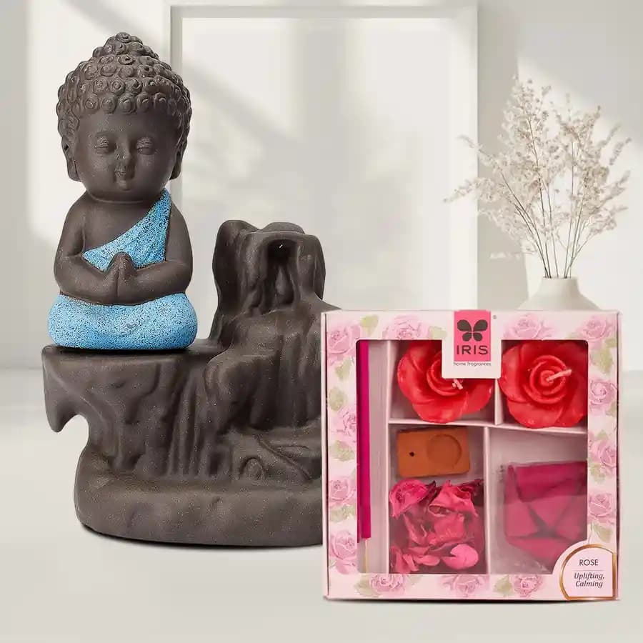 Divine Meditating Monk Buddha N Incense Holder with Iris Aroma Candles