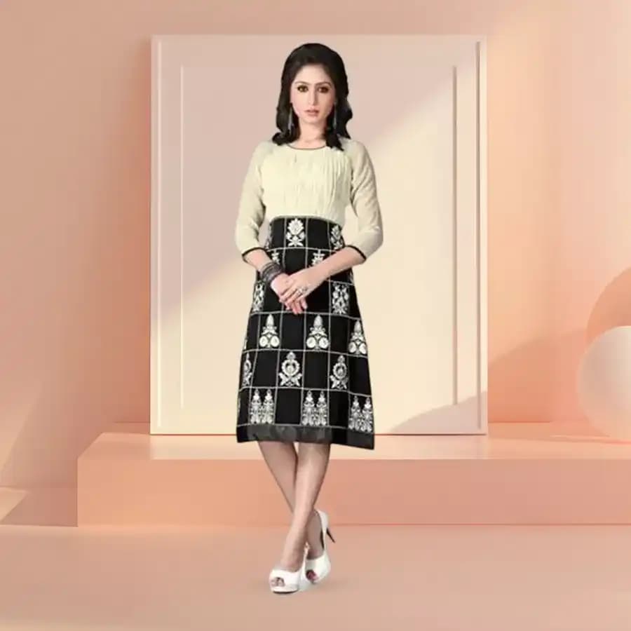 Admirable Beige and Black Coloured Georgette Embroidered Kurti