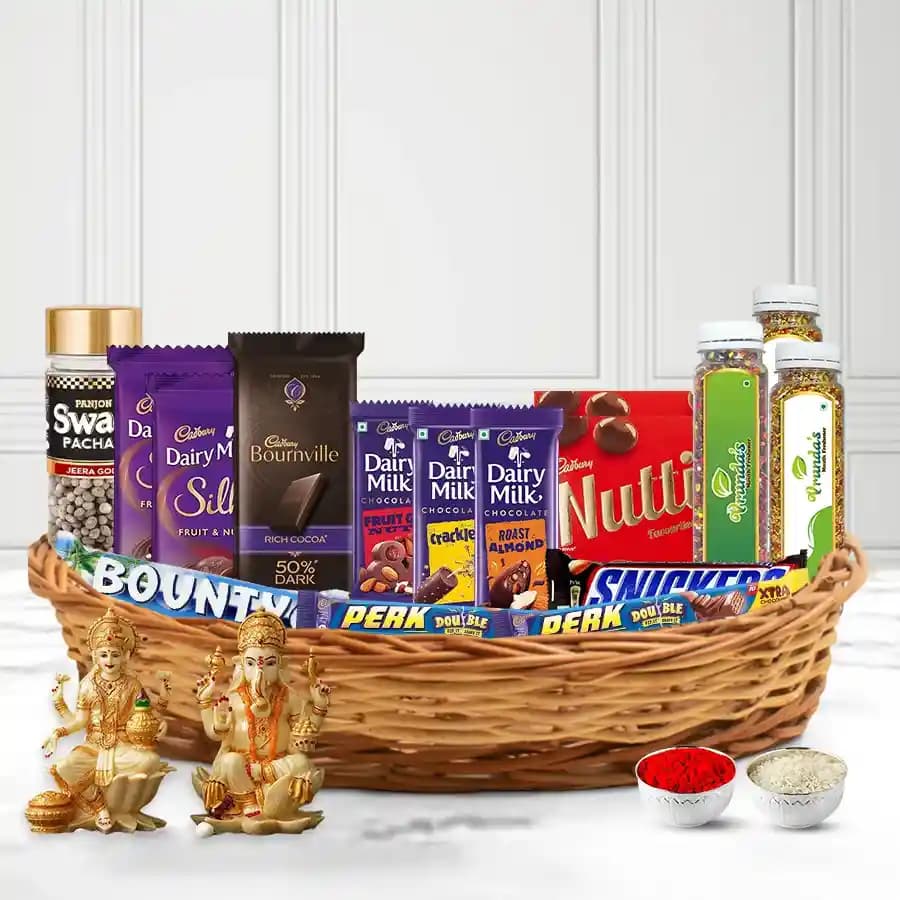 Lovely Chocolates N Mouth Freshness Hamper with Laxmi Ganesha Idol N Roli Tika
