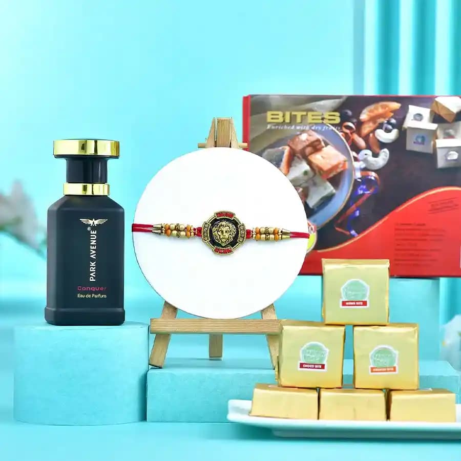 Elegant Rakhi with Treats N Cologne Combo