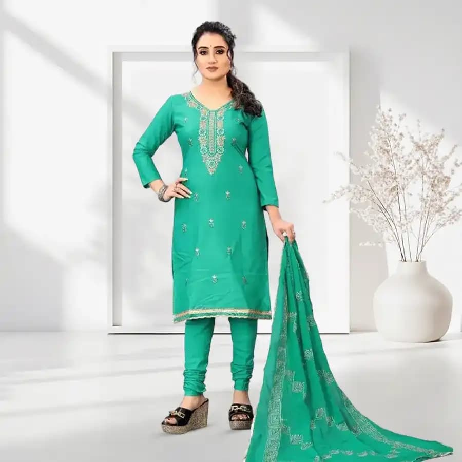 Attractive Green Coloured Chiffon Cotton Embroidered Salwar Kameez
