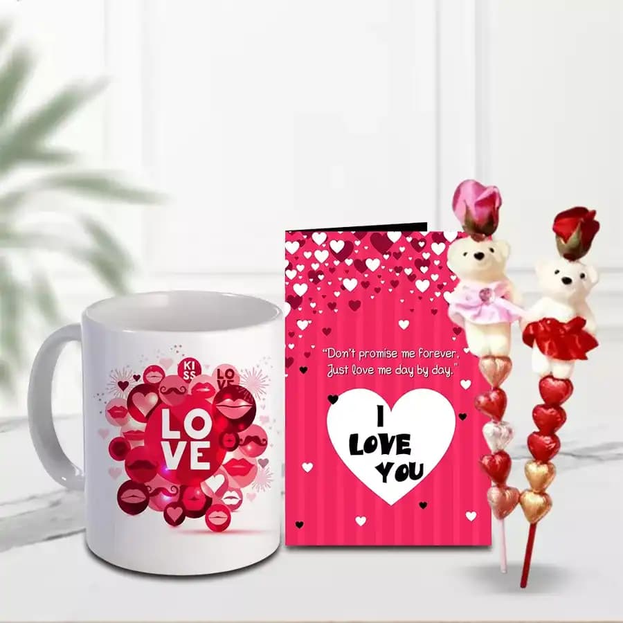 Romantic Pair of Teddy N Heart shape Handmade Chocolates in a stick with a Love Mug and Free I Love You Card