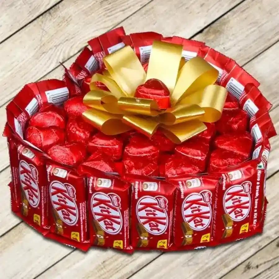 Indulgent Heart Shape Bouquet of Nestle Kitkat with Handmade Chocolates