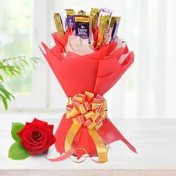 Sumptuous Hand Bunch of Cadbury Five Star N Dairy Milk Chocolates with Free Single Red Rose 1