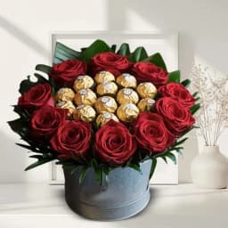 Beautiful Red Roses N Ferrero Rocher in Flower Bucket 1
