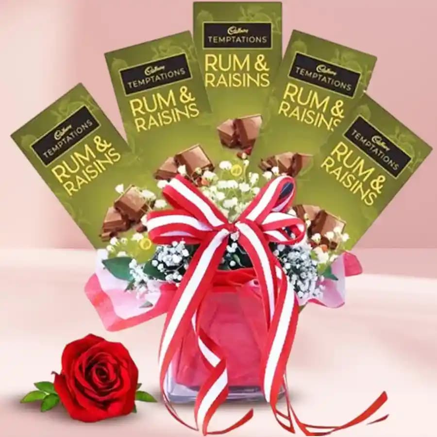 Enjoyable Cadbury Temptations Chocolates Arrangement in Glass Vase with a Single Rose