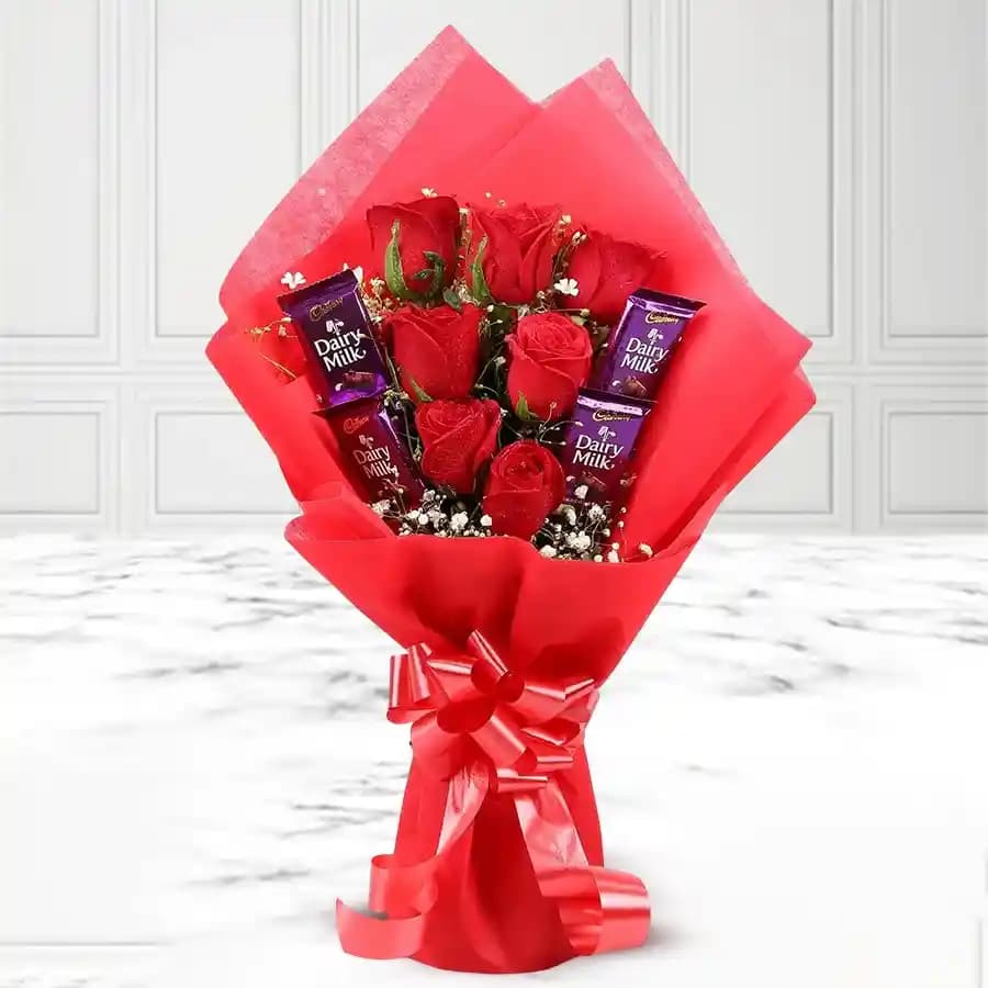 Special Bunch of Red Roses n Cadbury Dairy Milk Chocolate Bar
