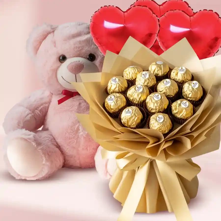 Remarkable Ferrero Rocher Bouquet Teddy N Mylar Balloon