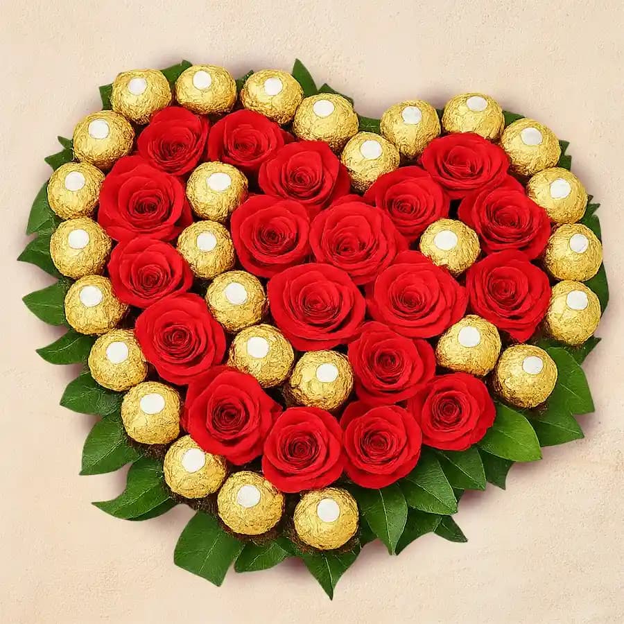 Heart Shaped Arrangement of Ferrero Rocher n Red Roses