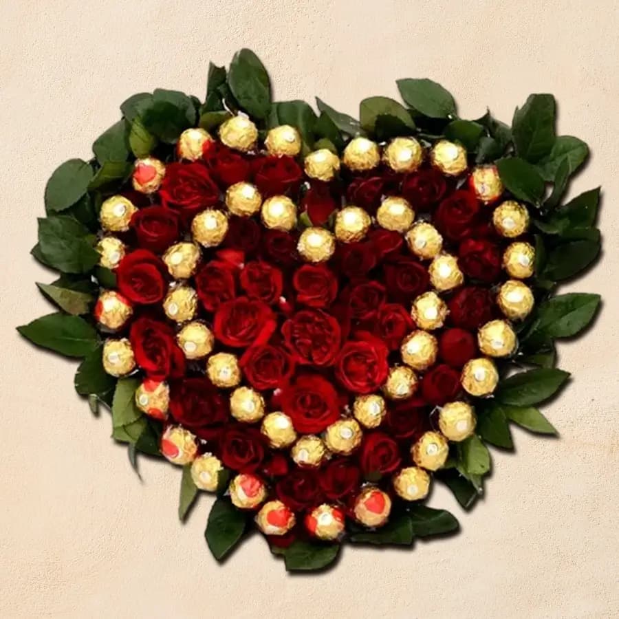 Heart Shaped Arrangement of Ferrero Rocher n Red Roses