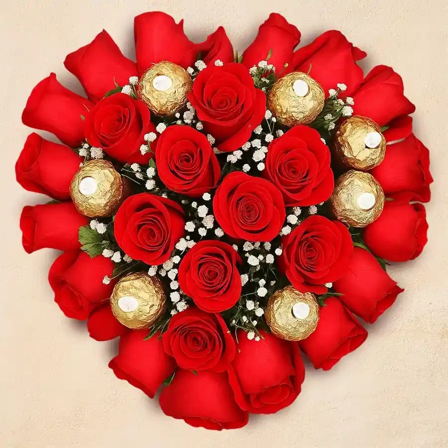 Marvelous Heart Shaped Arrangement of Roses N Ferrero Rocher Chocolate