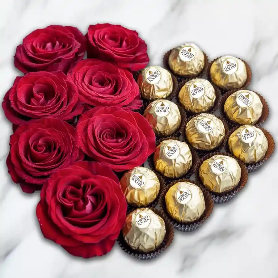 Marvelous Heart Shaped Arrangement of Ferrero Rocher with Roses