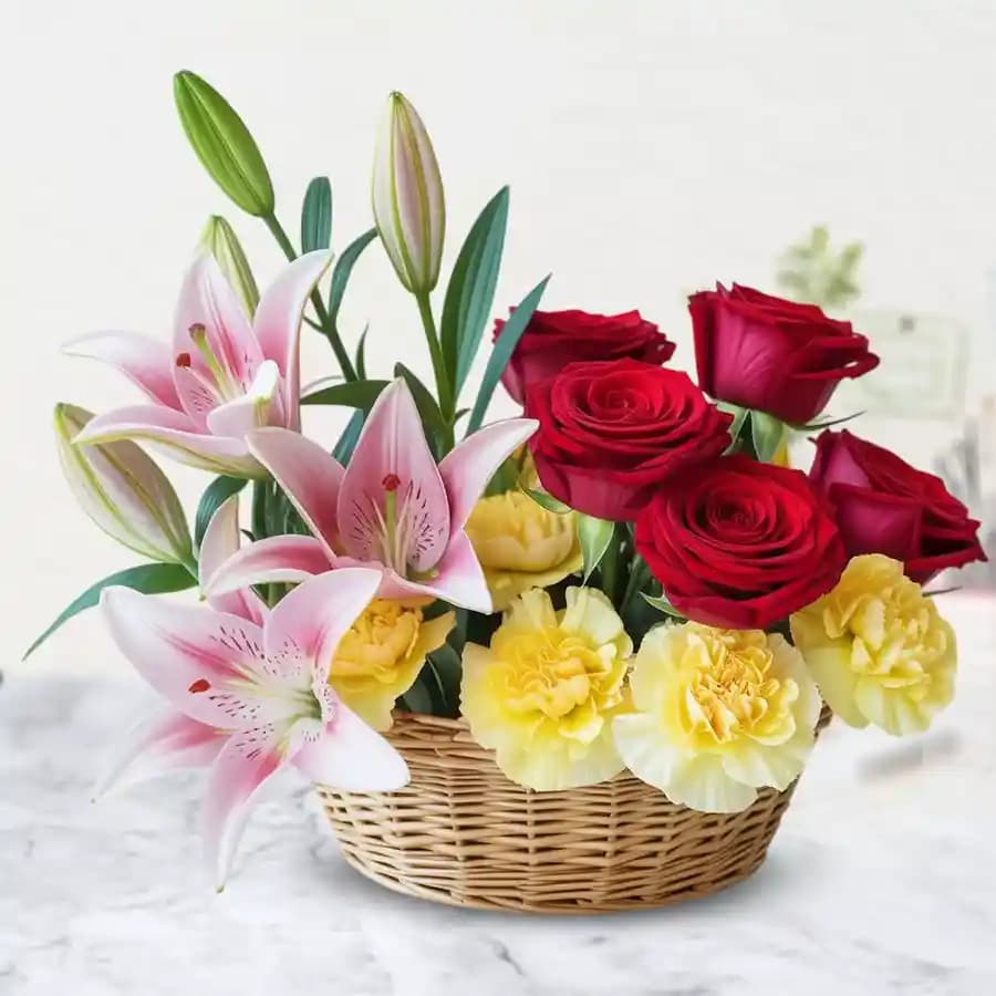 Lovely Arrangement of Lilies Roses and Carnations