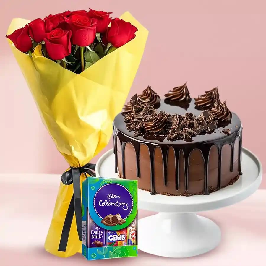 Red Rose with Chocolate Cake and Cadbury Celebrations Pack