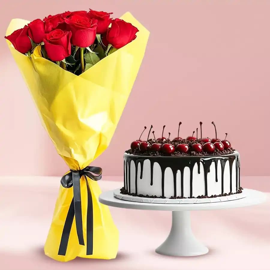 Combo of Black Forest Cake with Red Roses Bouquet