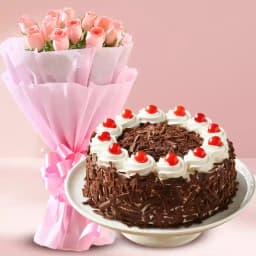 Combo of 1/2 kg Black Forest Cake with 10 Pink Roses Bouquet 1