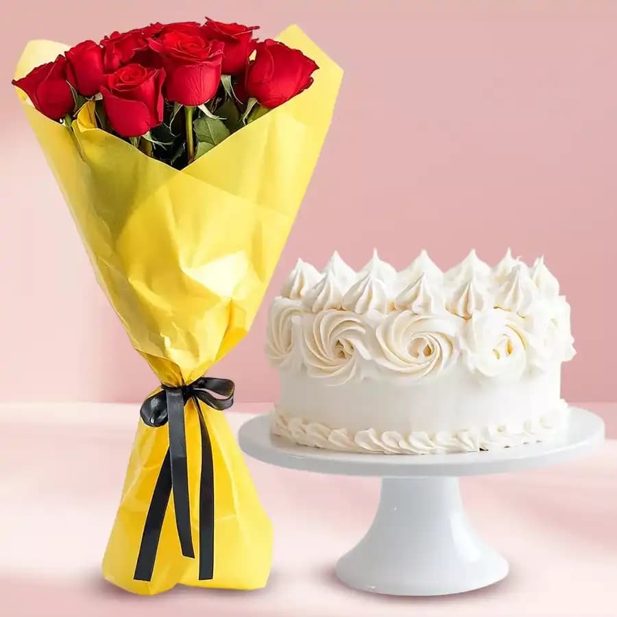 Blissful Vanilla Cake with Red Roses Bouquet