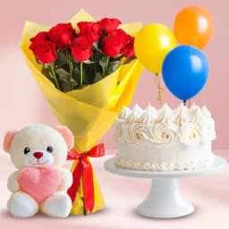 Vanilla Cake with Rose Bouquet Teddy Balloons 1