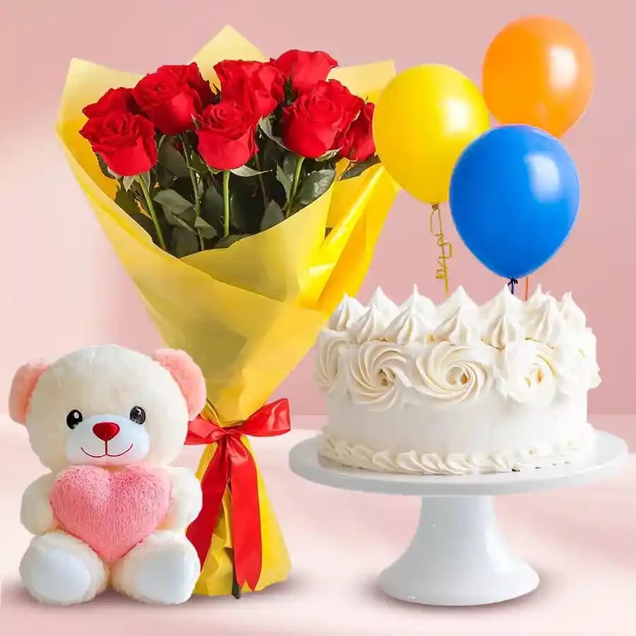 Vanilla Cake with Rose Bouquet Teddy Balloons