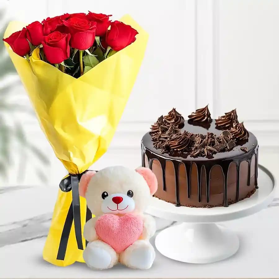 Chocolate Cake with Red Rose Bouquet N Teddy