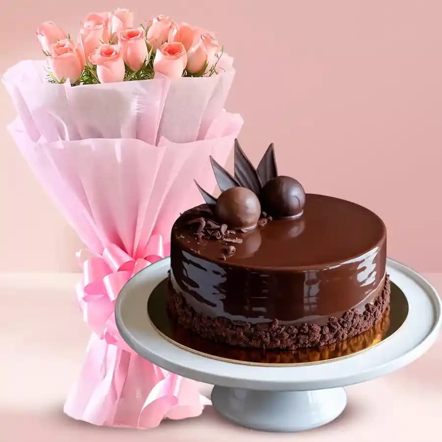 Exquisite 1/2 kg Chocolate Truffle Cake & 10 Pink Roses Bouquet
