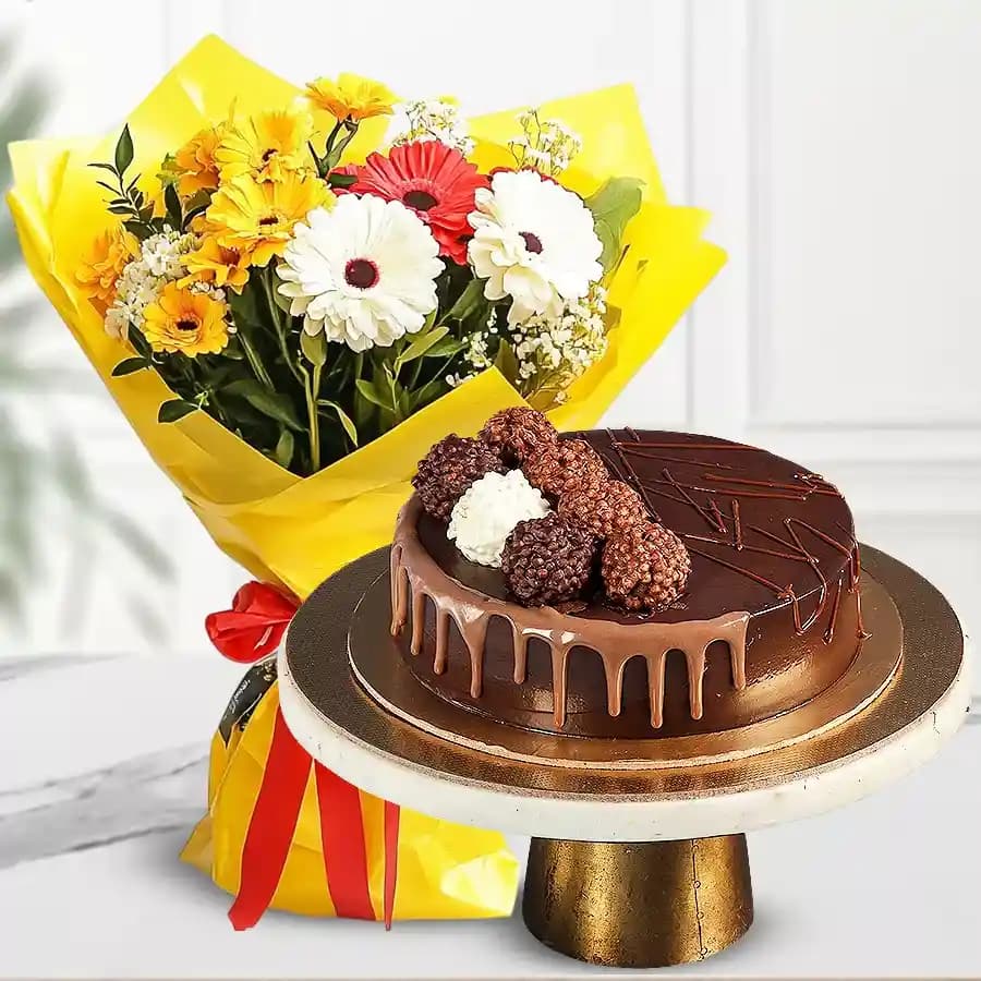 Delightful Combo of Mixed Flowers Bunch with Chocolate Truffle Cake