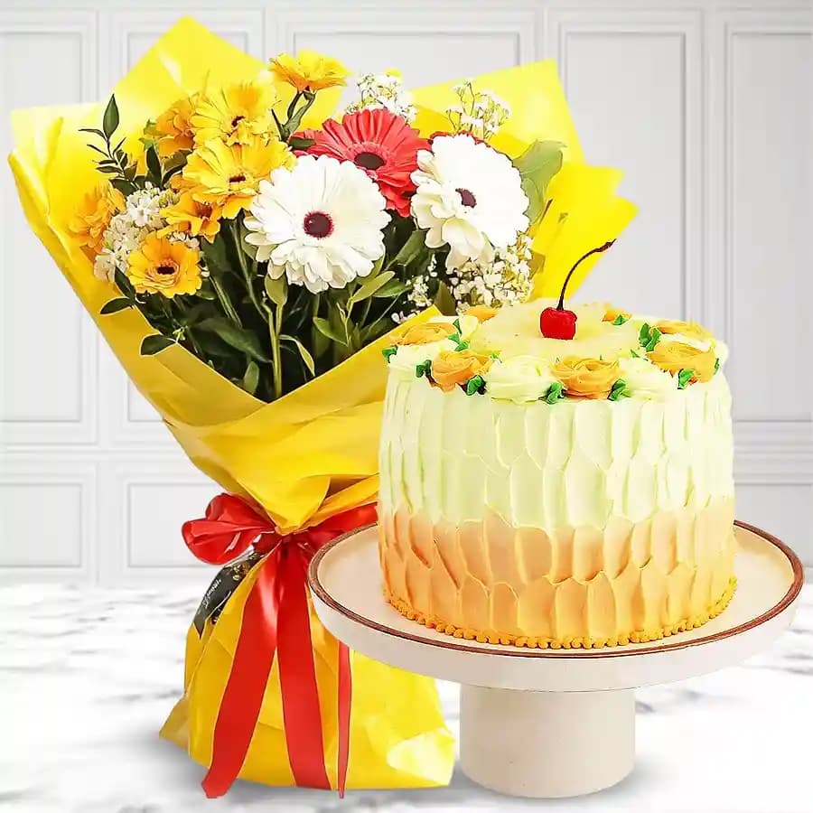 Pineapple Cake with Mixed Flowers Bouquet