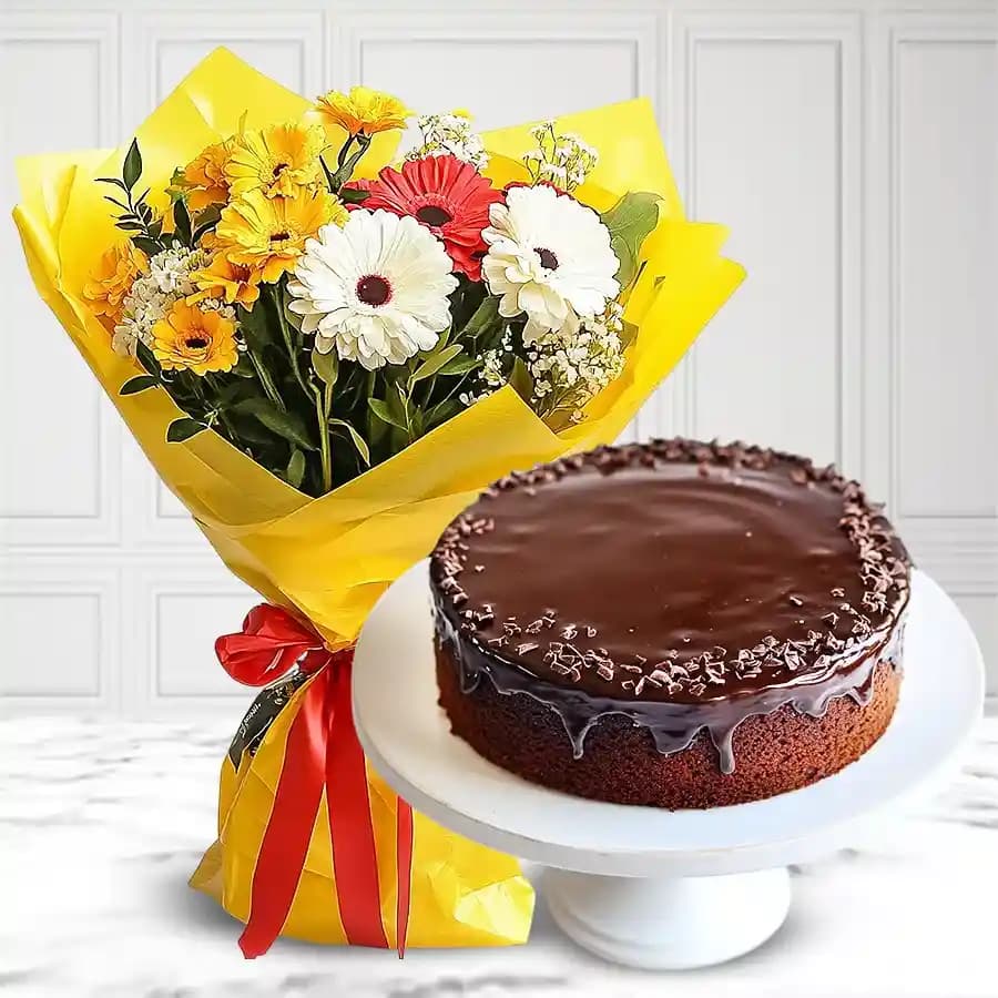 Eggless Chocolate Cake with Mixed Flower Bouquet