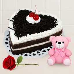 Delicacy Delight Heart Shape Black Forest Cake with Small Teddy N Single Rose 1