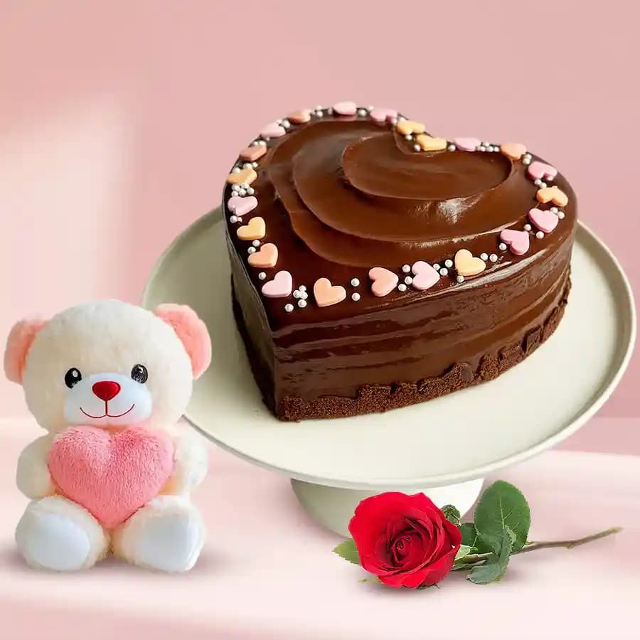 Combo of Heart Shaped Chocolate Cake with Teddy N Rose