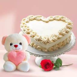Delightful Heart Shaped Vanilla Cake with Rose N Teddy 1