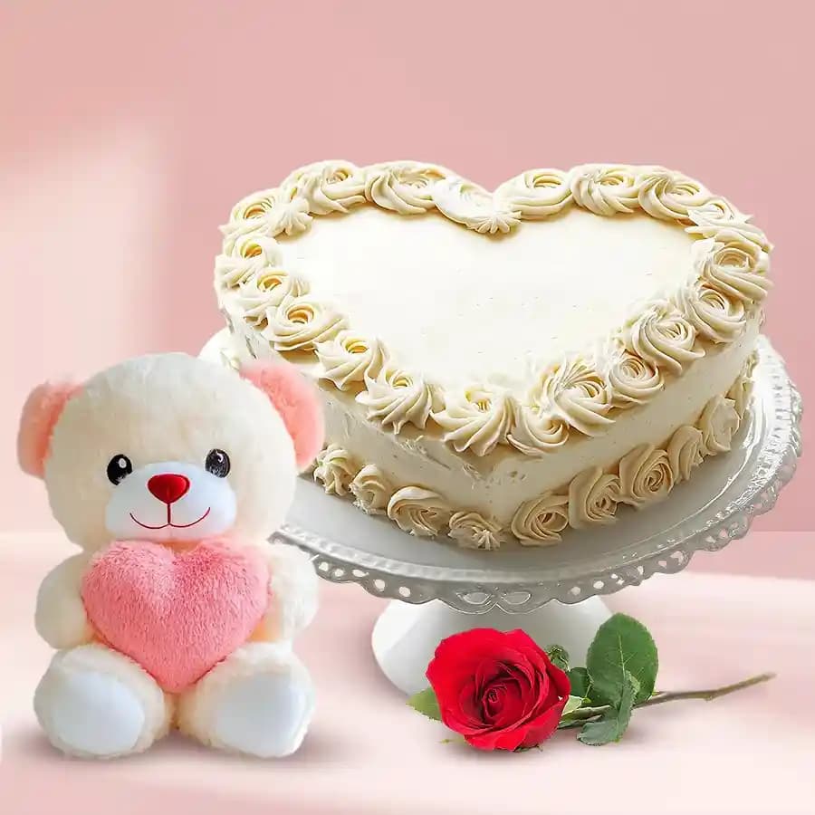 Delightful Heart Shaped Vanilla Cake with Rose N Teddy