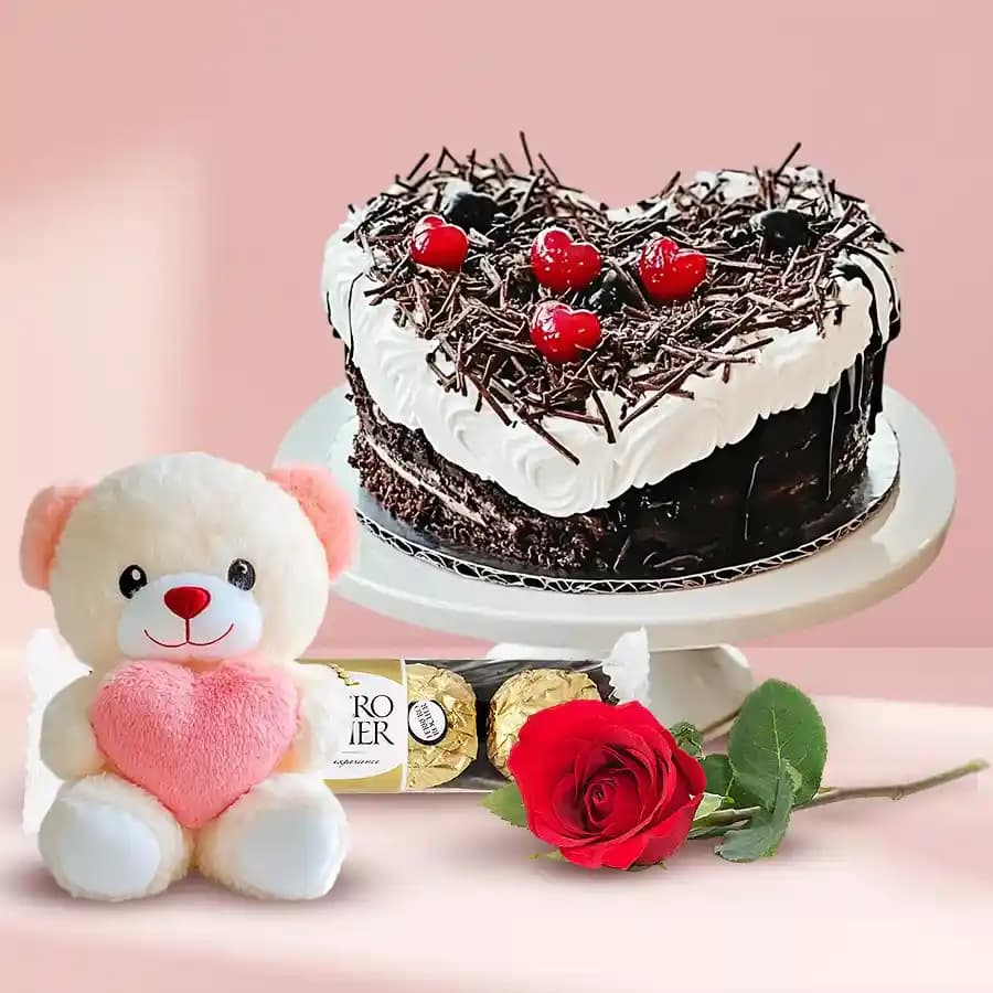 Black Forest Cake with Red Rose Teddy N Ferrero Rocher