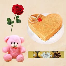 Butter Scotch Cake with Red Rose Teddy N Ferrero Rocher 1