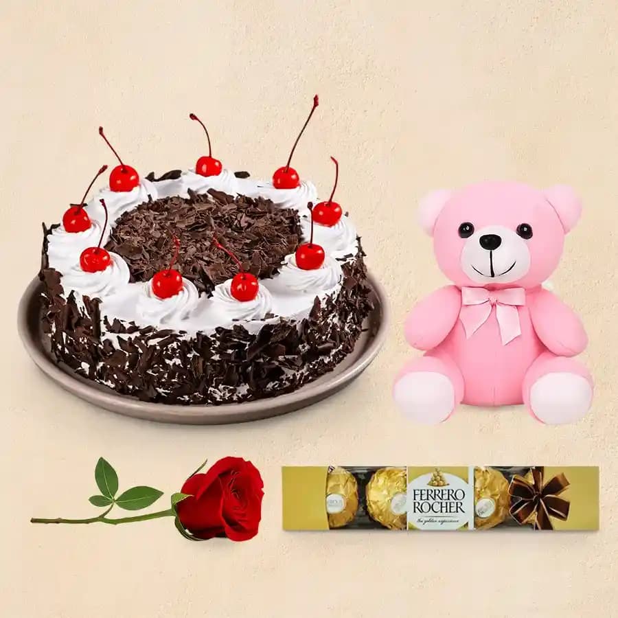 Exotic Ferrero Rocher with Black Forest Teddy N Red Rose