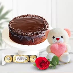 Yummy Eggless Chocolate Cake with Rose Teddy N Ferrero Rocher 1