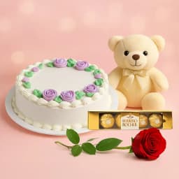 Sizzling Combo of Vanilla Cake with Single Rose Teddy N Ferrero Rocher 1