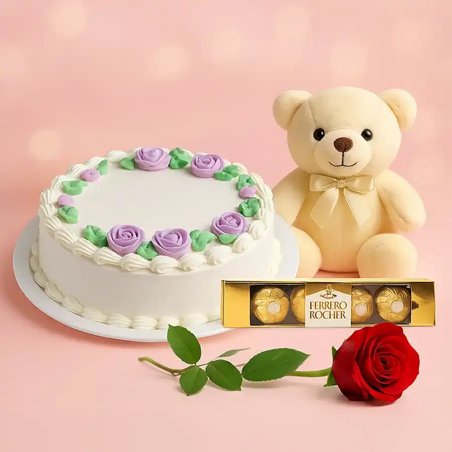 Sizzling Combo of Vanilla Cake with Single Rose Teddy N Ferrero Rocher