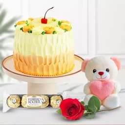 Delectable Eggless Butterscotch Cake with Rose Teddy N Ferrero Rocher 1