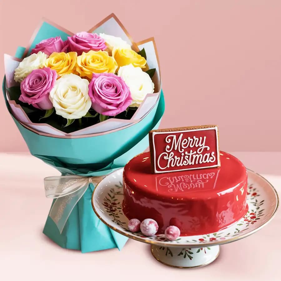 Glorious Strawberry Cake with Roses Bunch for X Mas