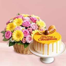 Irresistible Butterscotch Cake with Seasonal Flower Basket 1