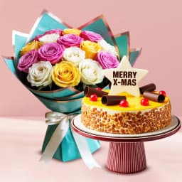 Enticing Butterscotch Cake with Assorted Roses Bouquet 1