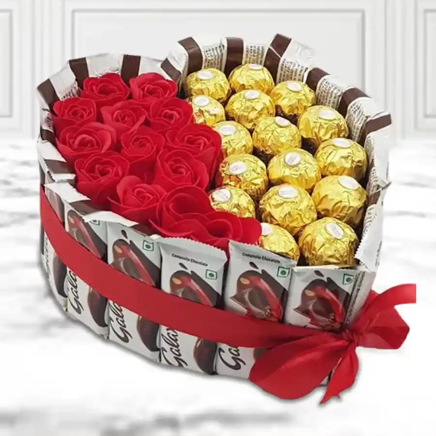 Magical Heart of Ferrero Rocher n Galaxy Chocolates with Art Roses