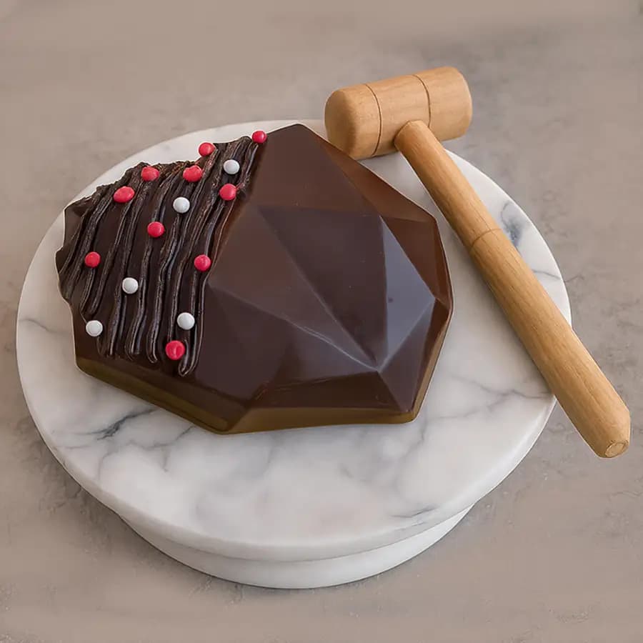 Designer Heart Shape Chocolate Piñata Cake with Hammer