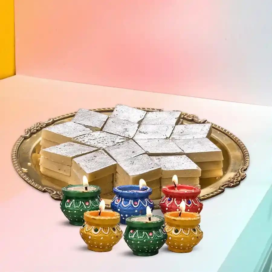 Kaju Katli with 6 Wax Diya from Top Local Sweets Shop